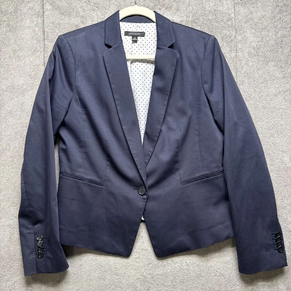 Ann Taylor Navy‎ Blue Blazer 10 Women's Working Cuff Career Office Jacket Preppy